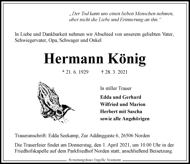  Traueranzeige für Hermann König vom 30.03.2021 aus 