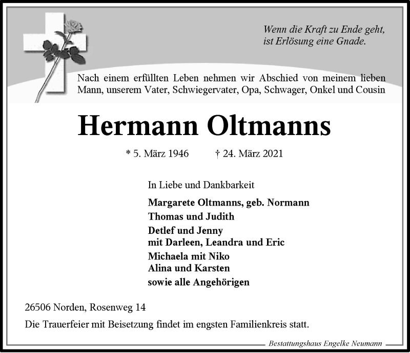  Traueranzeige für Hermann Oltmanns vom 27.03.2021 aus 