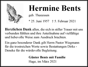 Traueranzeige von Hermine Bents 