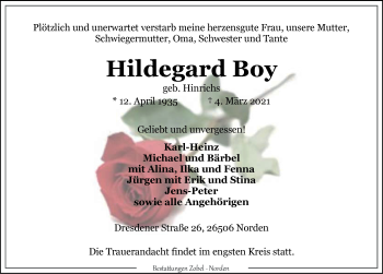 Traueranzeige von Hildegard Boy 
