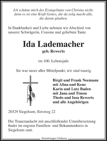 Traueranzeige von Ida Lademacher 