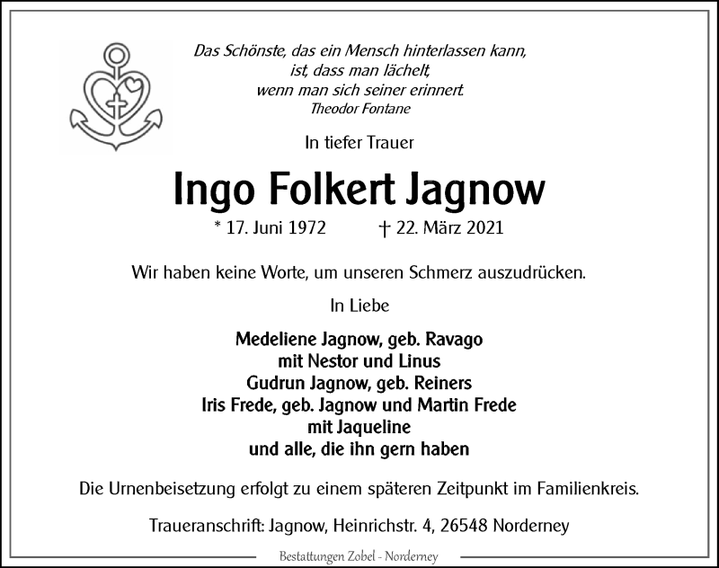  Traueranzeige für Ingo Folkert Jagnow vom 26.03.2021 aus 