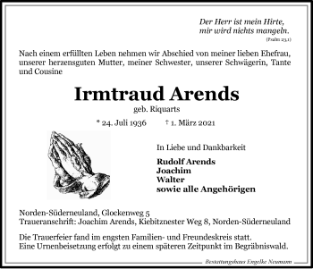 Traueranzeige von Irmtraud Arends 