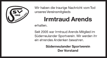 Traueranzeige von Irmtraud Arends 