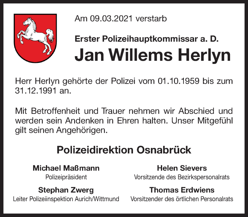  Traueranzeige für Jan Willems Herlyn vom 19.03.2021 aus 