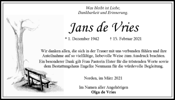 Traueranzeige von Jans de Vries 