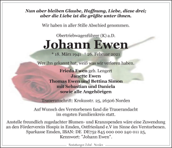 Traueranzeige von Johann Ewen 
