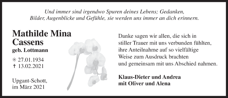  Traueranzeige für Mathilde Mina Cassens vom 27.03.0021 aus 