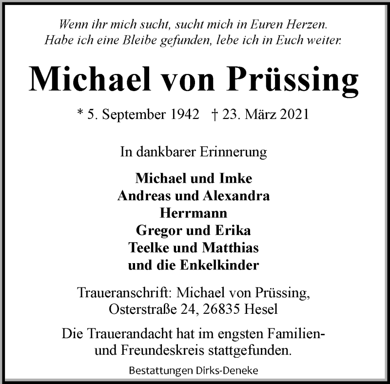  Traueranzeige für Michael von Prüssing vom 30.03.2021 aus 