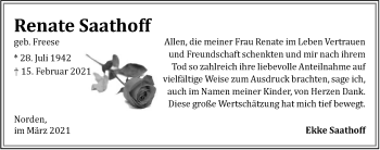 Traueranzeige von Renate Saathoff 