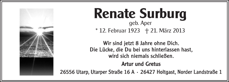  Traueranzeige für Renate Surburg vom 20.03.2021 aus 