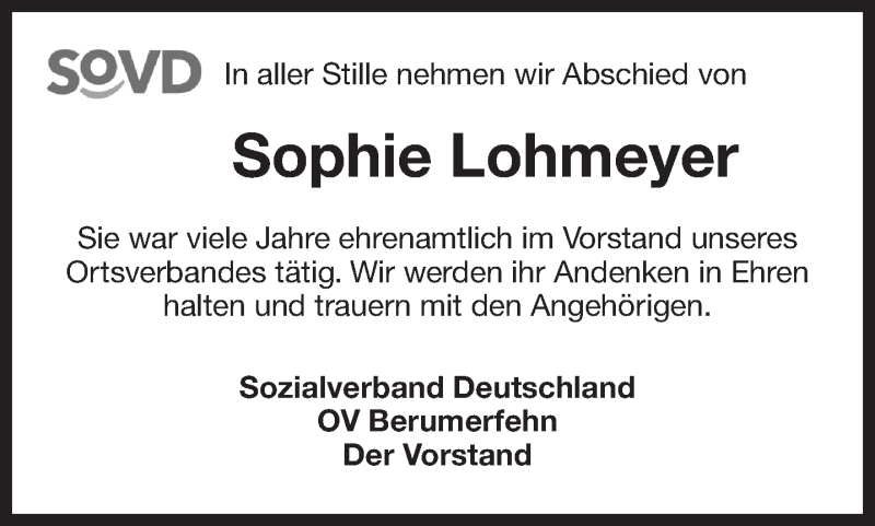  Traueranzeige für Sophie Lohmeyer vom 05.03.2021 aus 