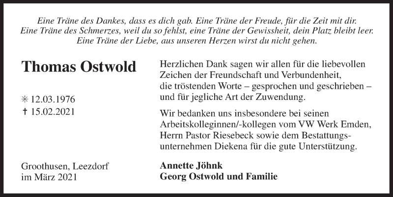  Traueranzeige für Thomas Ostwold vom 27.03.2021 aus 