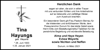 Traueranzeige von Tina Hayungs 