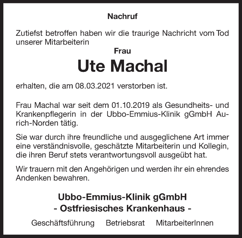  Traueranzeige für Ute Machal vom 11.03.2021 aus 