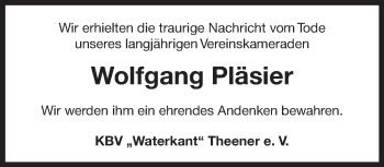 Traueranzeige von Wolfgang Pläsier 