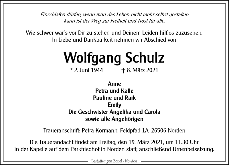  Traueranzeige für Wolfgang Schulz vom 13.03.2021 aus 