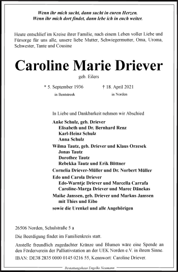 Traueranzeige von Caroline Marie Driever 