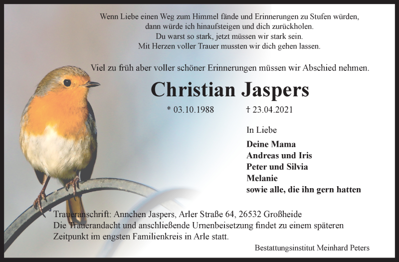  Traueranzeige für Christian Jaspers vom 28.04.2021 aus 