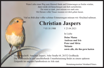 Traueranzeige von Christian Jaspers 