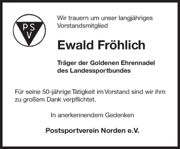 Traueranzeige von Ewald Fröhlich 