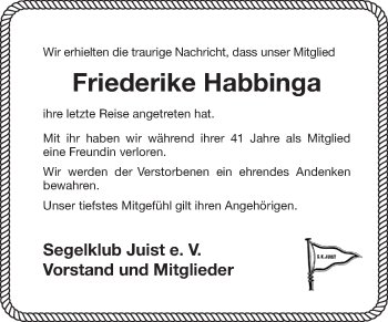 Traueranzeige von Friederike Habbinga 