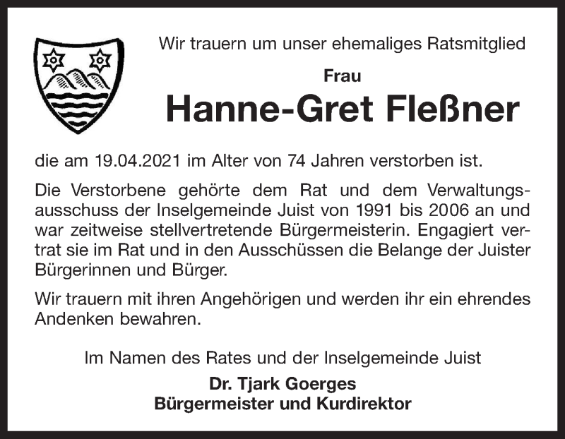  Traueranzeige für Hanne-Gret Fleßner vom 23.04.2021 aus 