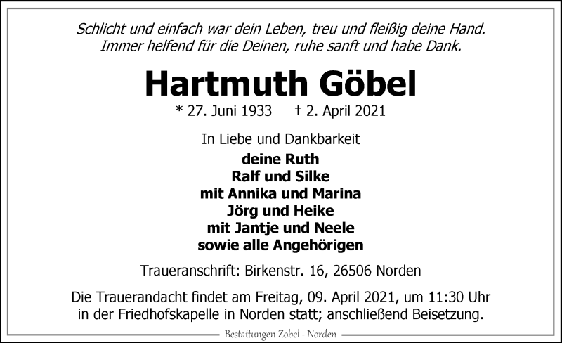  Traueranzeige für Hartmuth Göbel vom 07.04.2021 aus 