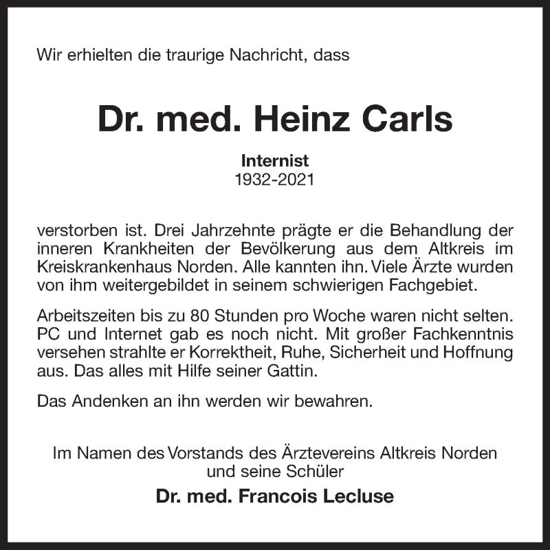  Traueranzeige für Heinz Carls vom 28.04.2021 aus 