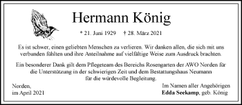 Traueranzeige von Hermann König 