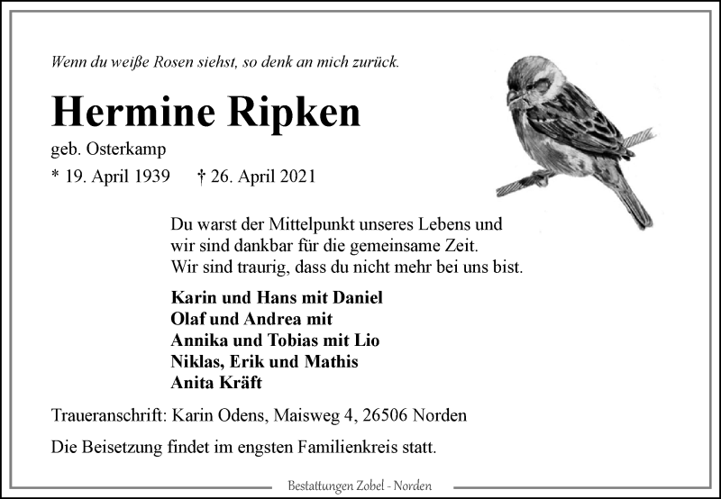  Traueranzeige für Hermine Ripken vom 30.04.2021 aus 
