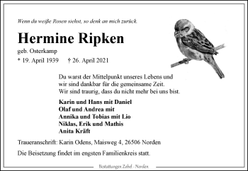 Traueranzeige von Hermine Ripken 