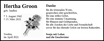 Traueranzeige von Hertha Groon 