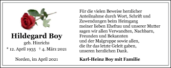 Traueranzeige von Hildegard Boy 