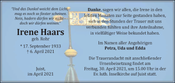 Traueranzeige von Irene Haars 