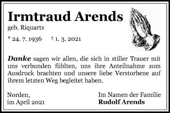 Traueranzeige von Irmtraud Arends 