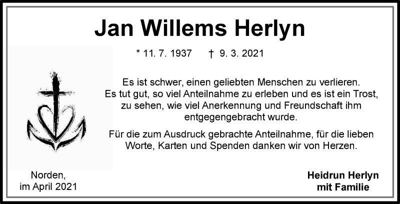  Traueranzeige für Jan Willems Herlyn vom 17.04.2021 aus 