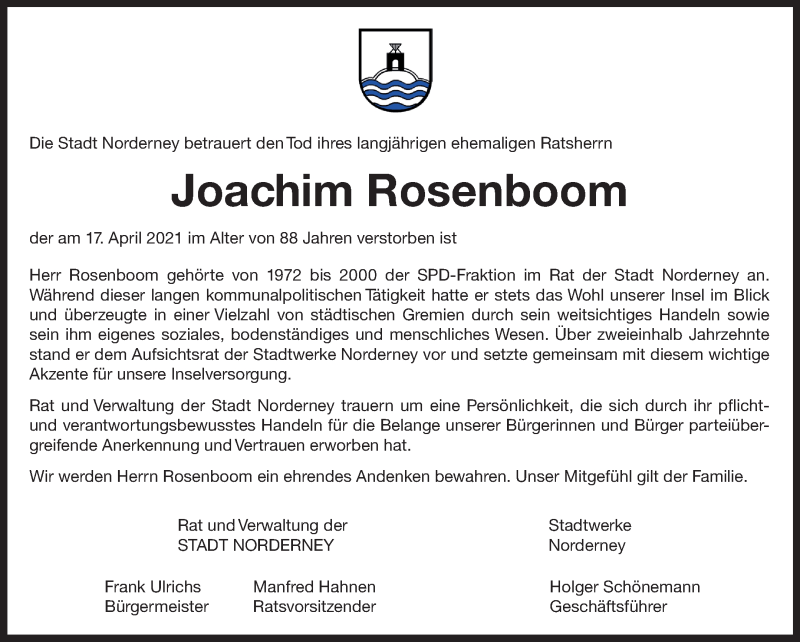  Traueranzeige für Joachim Rosenboom vom 24.04.2021 aus 