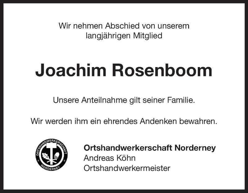  Traueranzeige für Joachim Rosenboom vom 27.04.2021 aus 