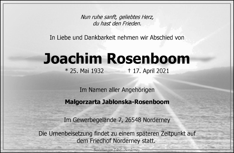  Traueranzeige für Joachim Rosenboom vom 21.04.2021 aus 