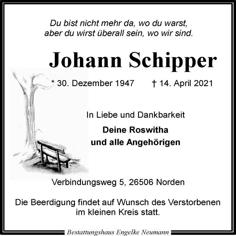  Traueranzeige für Johann Schipper vom 17.04.2021 aus 