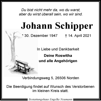 Traueranzeige von Johann Schipper 