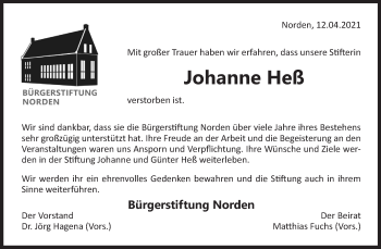 Traueranzeige von Johanne Heß 