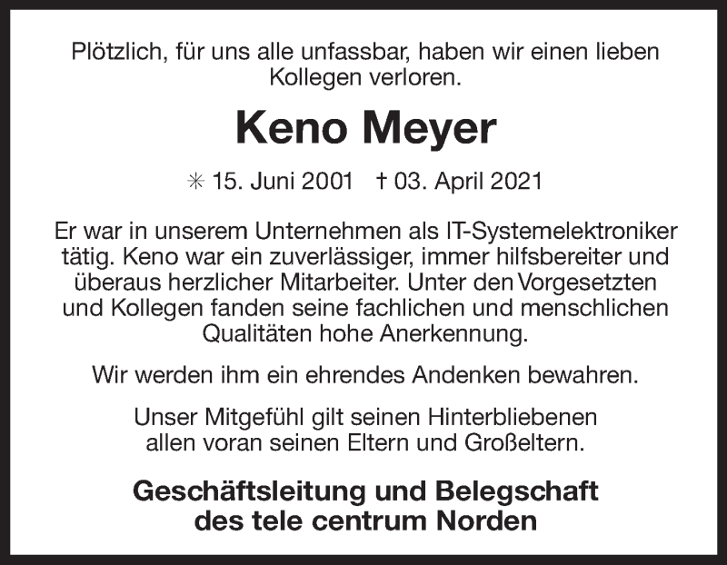  Traueranzeige für Keno Meyer vom 08.04.2021 aus 