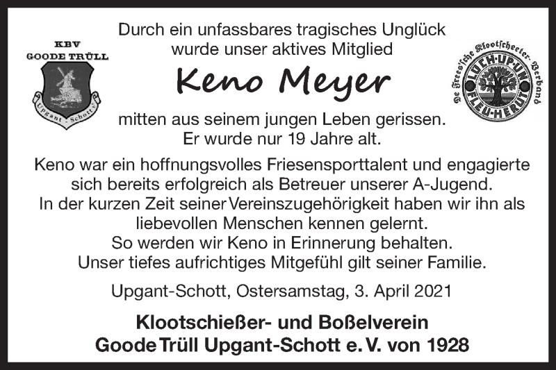  Traueranzeige für Keno Meyer vom 08.04.2021 aus 