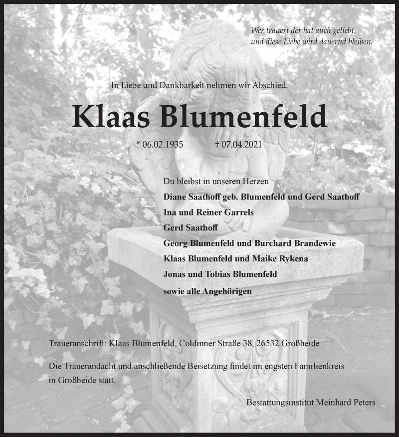  Traueranzeige für Klaas Blumenfeld vom 08.04.2021 aus 