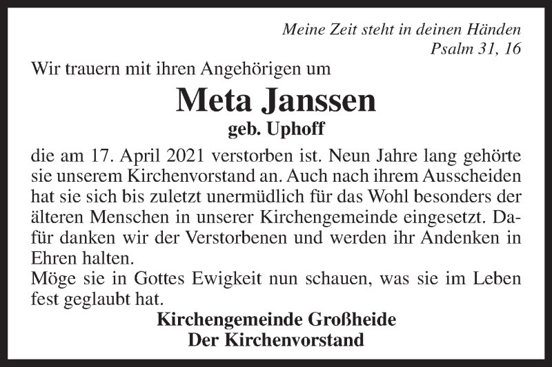  Traueranzeige für Meta Janssen vom 23.04.2021 aus 