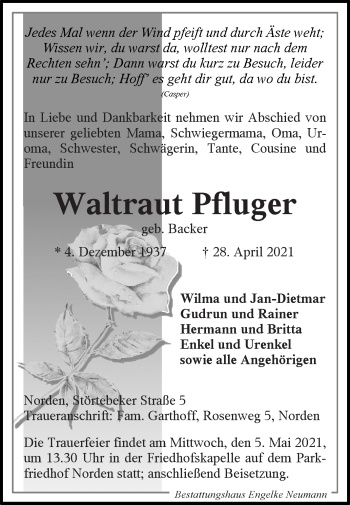 Traueranzeige von Waltraut Pfluger 