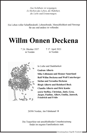 Traueranzeige von Willm Onnen Deckena 