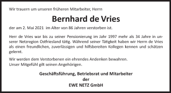 Traueranzeige von Bernhard de Vries 